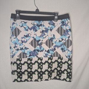 Peter Pilotto Blue Black White Geometric Pencil Skirt Zip Closure Sz 12 Logo